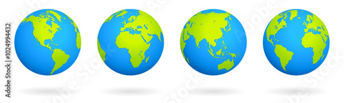 Collection of four blue and green earth globes. Full Vector illustrations with shaded colors, each centered on a different area of earth, America, Asia, Eurafrica, Atlantic ocean.