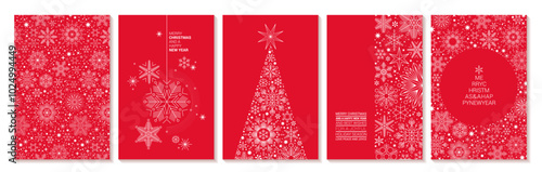 Set of Five Vector Christmas Greeting Cards Templates. Decorated with White Snowflake textures on red background.