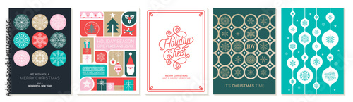 Collection of five Christmas and New Year greeting cards in funky modern style. Full vector Templates for greeting Cards, Posters, Invitations and more