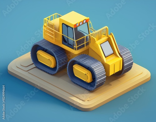 3D yellow bulldozer with blue treads is parked on a platform photo