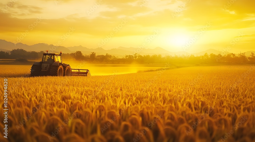 Naklejka premium Golden Sunset Over Farm Field with Tractor Harvesting Wheat