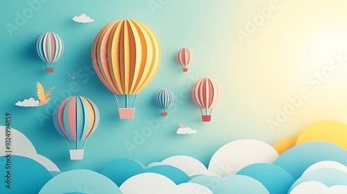 Multicolored paper cut hot air balloons floating in a bright sky for playful room decor, paper cut balloons, whimsical decorative design