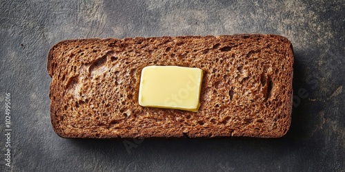 Finnish Rye Bread Delight, top view of rye bread with butter in the corner, showcasing traditional flavors and simple elegance. photo