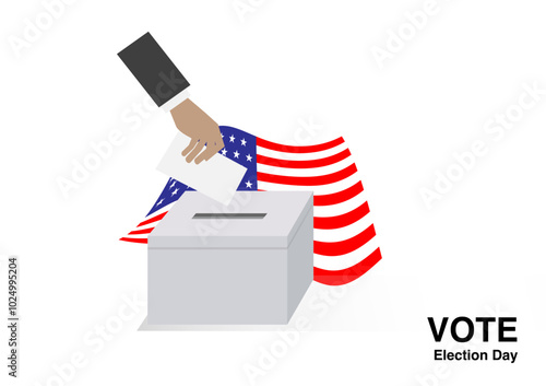 American voter drop ballot in the election box on national flag of the USA background