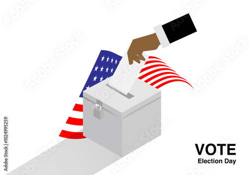 American voter drop ballot in the election box on national flag of the USA background
