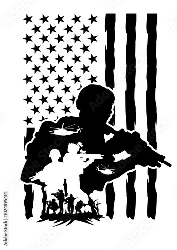 US Soldier Scene | US Forces | Military Dad | Country Protector | Special Forces | First Responder| US Veterans | Patriotic Soldier | Original Illustration | Vector and Clipart | Cutfile and Stencil