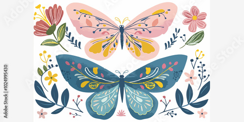 Colorful butterfly illustration featuring two vibrant, detailed butterflies with floral accents. Whimsical and decorative style perfect for home decor, wall art, or creative design projects.