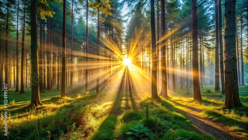 sunrise in the forest with sunrays coming through the trees