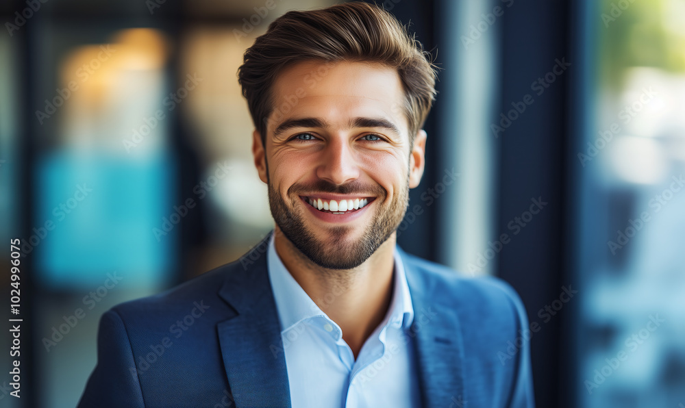 Obraz premium Successful young businessman formally dressed laughing in bright modern office background meeting discussing marketing strategy.