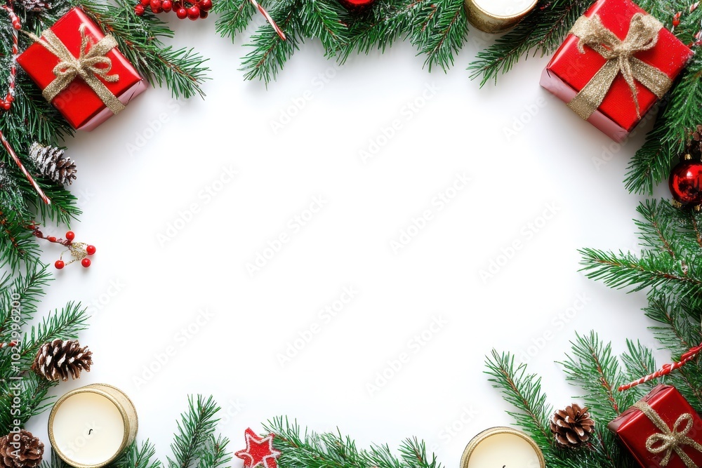 Festive holiday border with evergreen branches, red gifts, pine cones, and candles, perfect for Christmas-themed designs. Festive holiday border with evergreen branches, red gifts, pine cones, and candles, perfect for Christmas-themed designs.