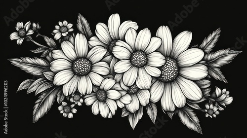 A detailed arrangement of daisies and leaves in a tattoo style, rendered in black and white engraving with a scratchboard imitation look. photo