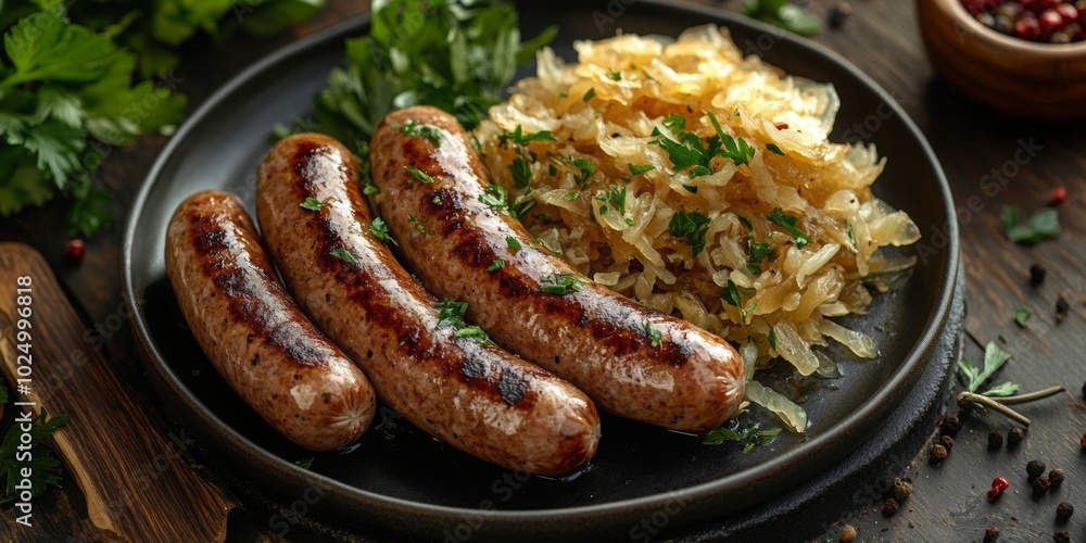 Hearty German bratwurst with tangy sauerkraut in a vibrant presentation, showcasing traditional flavors and textures. Hearty German bratwurst with tangy sauerkraut in a vibrant presentation, showcasing traditional flavors and textures.