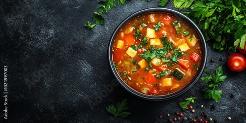 Hearty Italian minestrone soup, vibrant vegetables, comforting bowl, warm inviting colors, appealing top view presentation