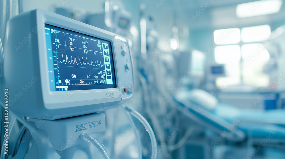 Hospital room with medical equipment, including a monitor displaying a heart rate. Hospital room with medical equipment, including a monitor displaying a heart rate.