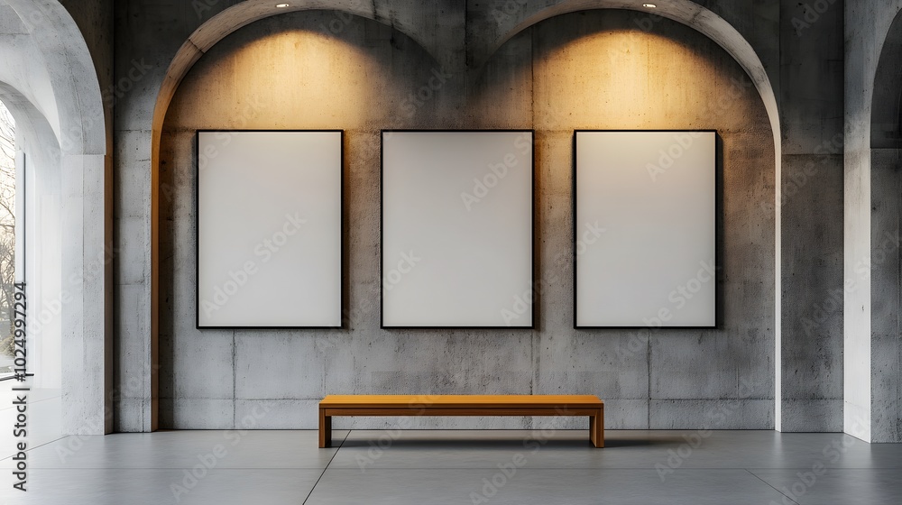 Modern Gallery Interior with Blank Canvas Mockup and Wooden Bench Modern Gallery Interior with Blank Canvas Mockup and Wooden Bench