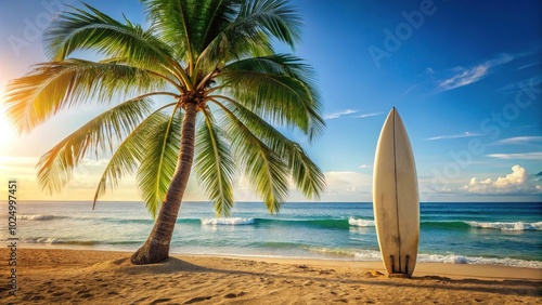 Surfboard leaning against palm tree with ocean in background