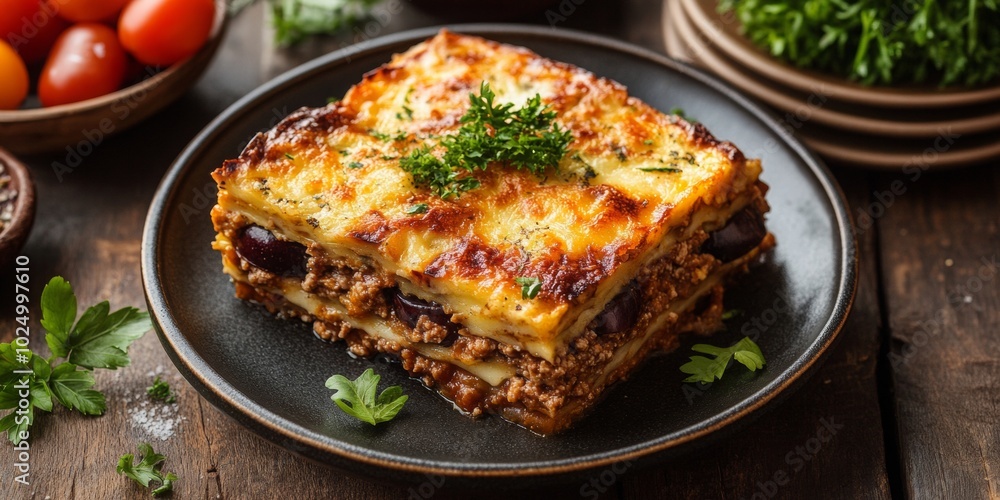 Greek moussaka with layers of eggplant, viewed from above, vibrant colors and rich textures, showcasing a classic Mediterranean dish Greek moussaka with layers of eggplant, viewed from above, vibrant colors and rich textures, showcasing a classic Mediterranean dish