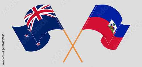 Crossed and waving flags of New Zealand and Republic of Haiti. Vector illustration