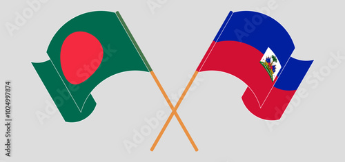 Crossed and waving flags of Bangladesh and Republic of Haiti. Vector illustration