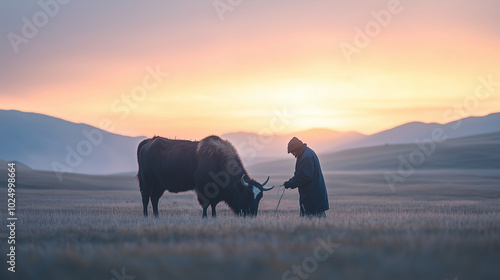 Mongolian herder milking a yak in the open steppes at dawn photo