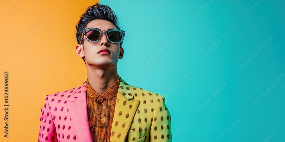 elegant fashion, young asian man, colorful style, solid background elegant fashion, young asian man, colorful style, solid background