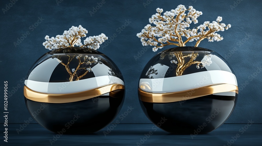 3D rendering of glossy Christmas balls and glass spheres with snow-covered trees inside on a dark blue background with reflective lighting and luxury finishing. 3D rendering of glossy Christmas balls and glass spheres with snow-covered trees inside on a dark blue background with reflective lighting and luxury finishing.
