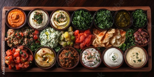 Lebanese Mezze Delight, vibrant assortment of traditional dips and appetizers, elegantly presented in a rustic setting, inviting and flavorful