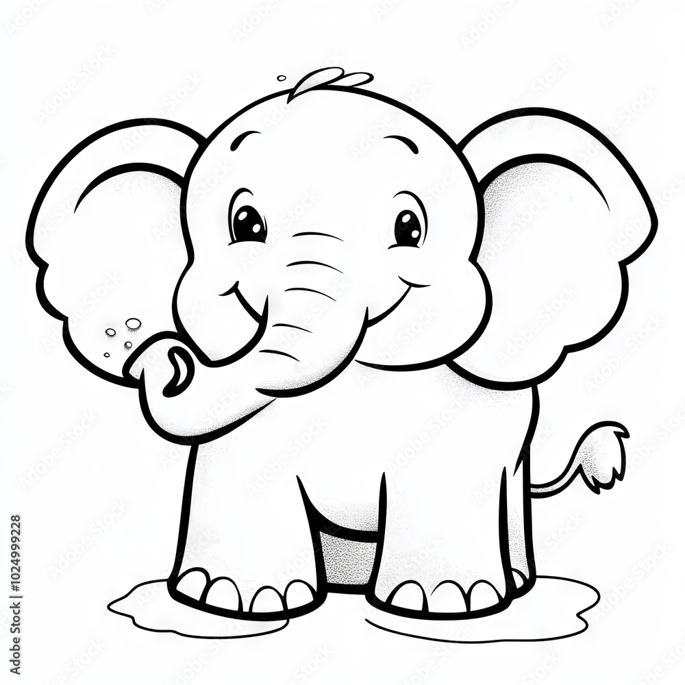 Obraz premium A cute, cartoon-style elephant standing in water, designed for coloring.