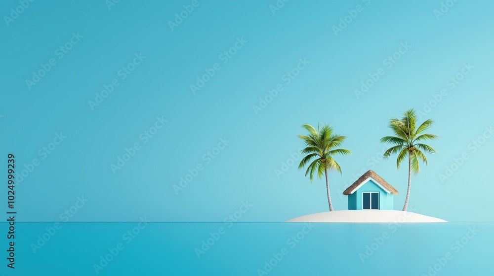 Fototapeta premium A serene island scene featuring a quaint house surrounded by palm trees, set against a vibrant blue sky and tranquil water. Ideal for relaxation imagery.