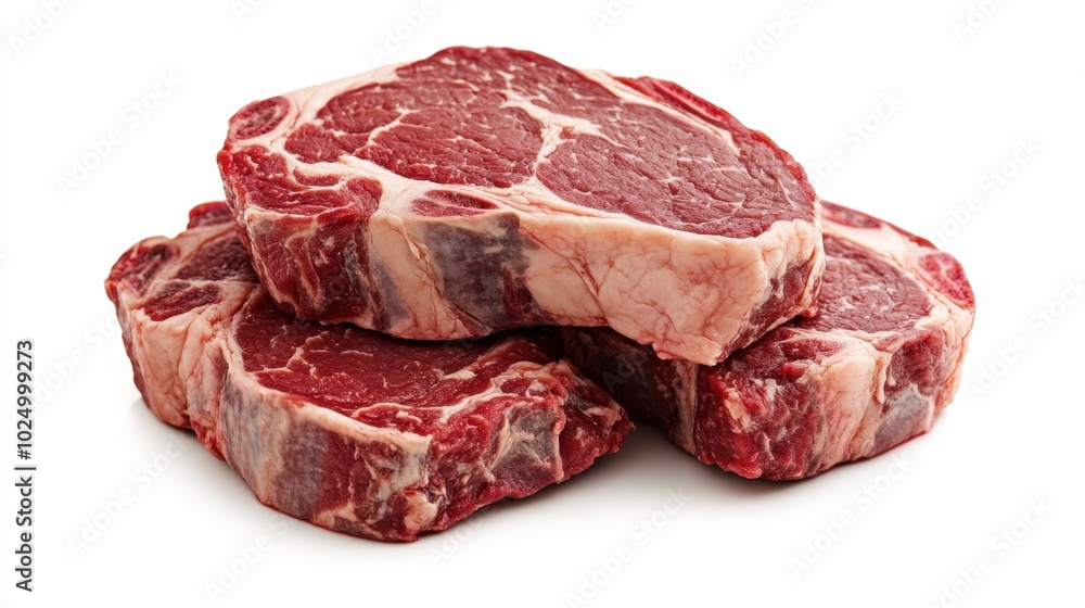 Fresh, raw rib-eye steaks layered one atop the other, isolated on a white background, showcasing their rich color and marbled texture Fresh, raw rib-eye steaks layered one atop the other, isolated on a white background, showcasing their rich color and marbled texture