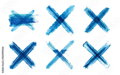 marine blue abstract brush stroke set, isolated, angle and X, stylized ink photo