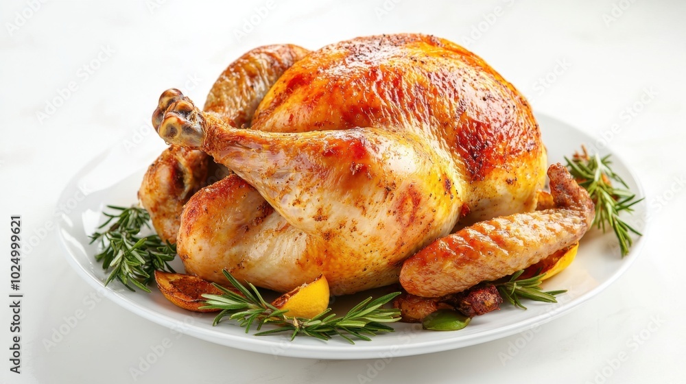 Freshly baked whole chicken with golden brown skin, displayed on a white background, capturing the essence of a home-cooked feast Freshly baked whole chicken with golden brown skin, displayed on a white background, capturing the essence of a home-cooked feast