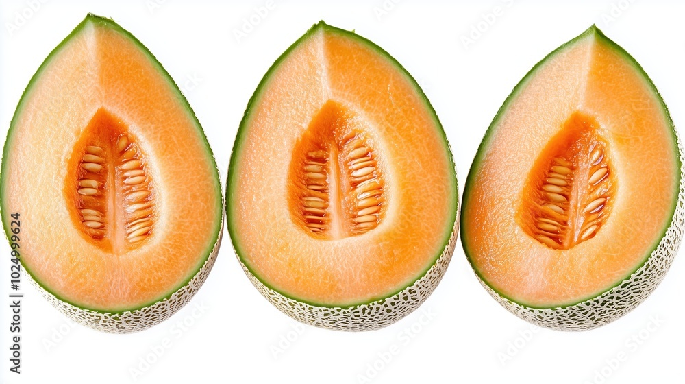 Three ripe cantaloupe halves arranged in a row, showcasing vibrant orange flesh and seeds against a white background. Three ripe cantaloupe halves arranged in a row, showcasing vibrant orange flesh and seeds against a white background.