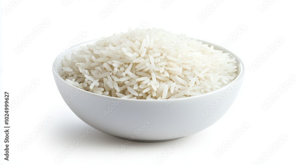 Freshly prepared basmati rice in a white bowl, isolated on a clean white background, ideal for food presentations Freshly prepared basmati rice in a white bowl, isolated on a clean white background, ideal for food presentations