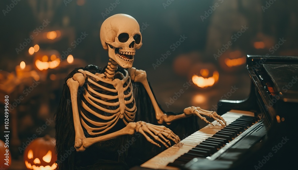 A skeleton playing the piano in a spooky Halloween setting with pumpkins in the background. A skeleton playing the piano in a spooky Halloween setting with pumpkins in the background.