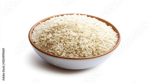 Freshly prepared basmati rice in a white bowl, isolated on a clean white background, ideal for food presentations