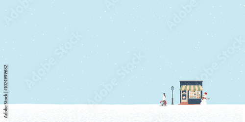 Minimalist snowscape have a woman holding a lot of shopping bags walking from retail store graphic illustration.