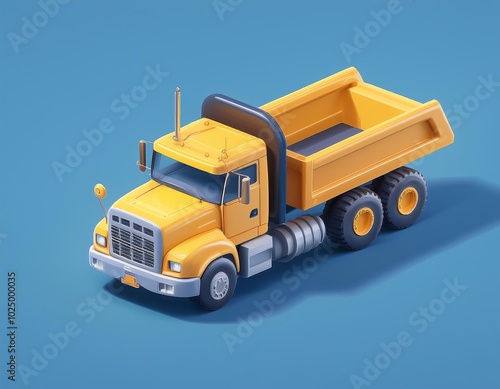 3D yellow dump truck sits on a blue background