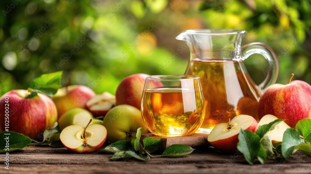 A glass of apple juice glimmers next to a decanter amidst fresh apples and green leaves A glass of apple juice glimmers next to a decanter amidst fresh apples and green leaves