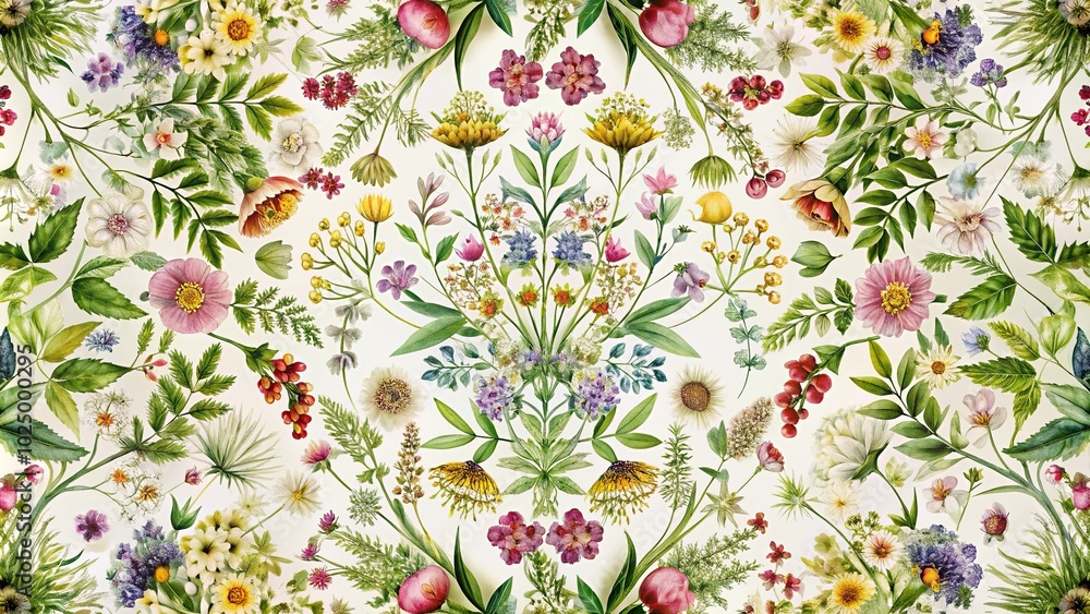 Symmetrical botanical floral seamless pattern background with herbs, leaves, and flowers Symmetrical botanical floral seamless pattern background with herbs, leaves, and flowers