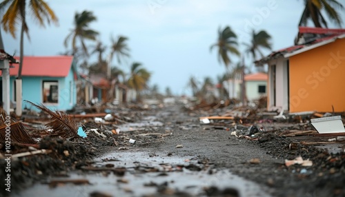 Destruction from a storm, showing damaged houses and debris in a devastated area, highlighting environmental challenges. photo