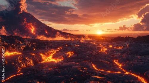 A volcanic landscape with black lava rock stretching across the ground, steam rising from cracks as the sun sets in the distance. photo