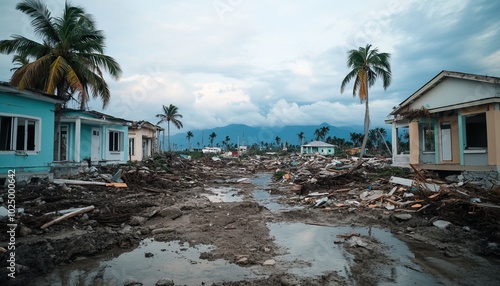 Destruction of homes in a disaster zone, showcasing the impact of natural calamities on communities. photo