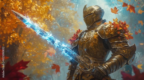 A knight in shiny gold armor decorated with colorful autumn leaves, holding a sparkling sword that glows with magical energy, ready to explore a haunted forest filled with playful spirits.