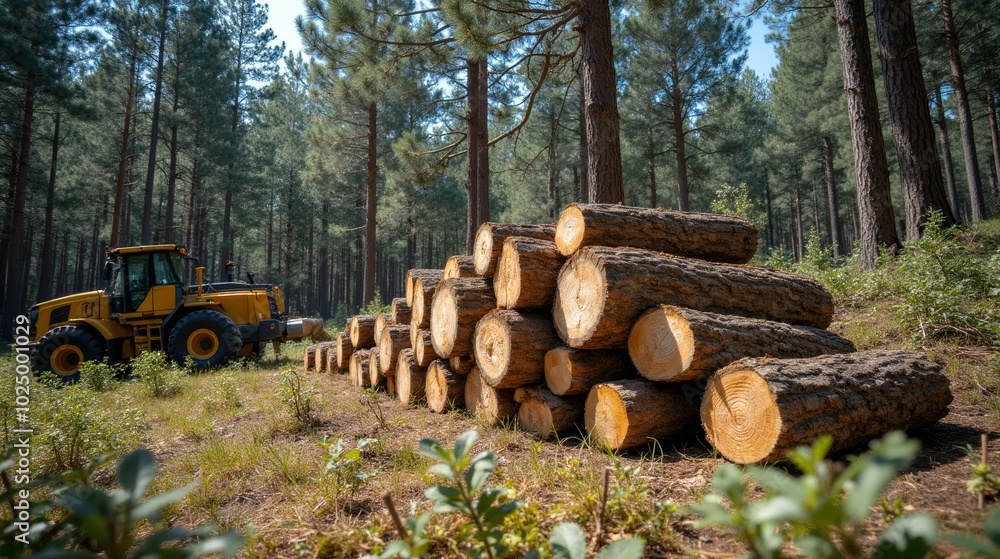 A yellow forestry machine in action near stacked logs in a dense pine forest, representing logging and timber processing activities. A yellow forestry machine in action near stacked logs in a dense pine forest, representing logging and timber processing activities.
