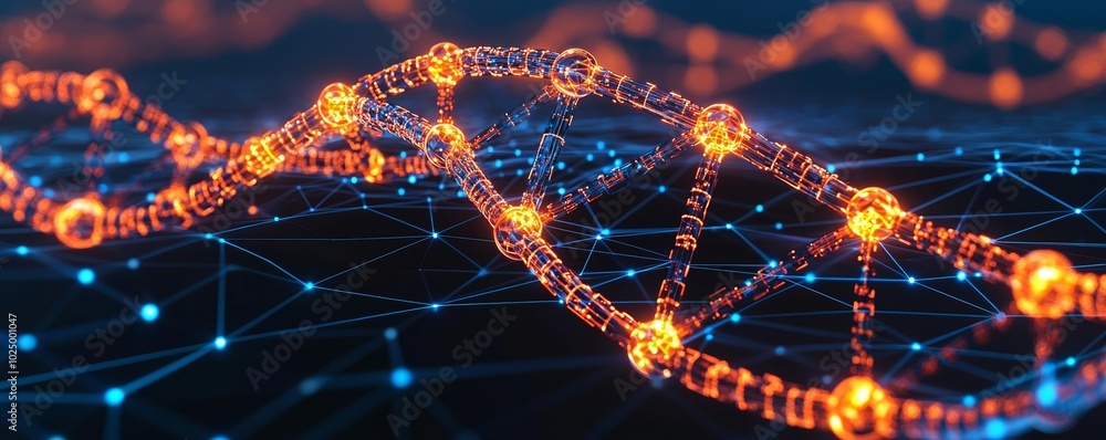 Detailed depiction of glowing DNA helix with digital nodes, symbolizing innovation in medical technology and data analysis Detailed depiction of glowing DNA helix with digital nodes, symbolizing innovation in medical technology and data analysis