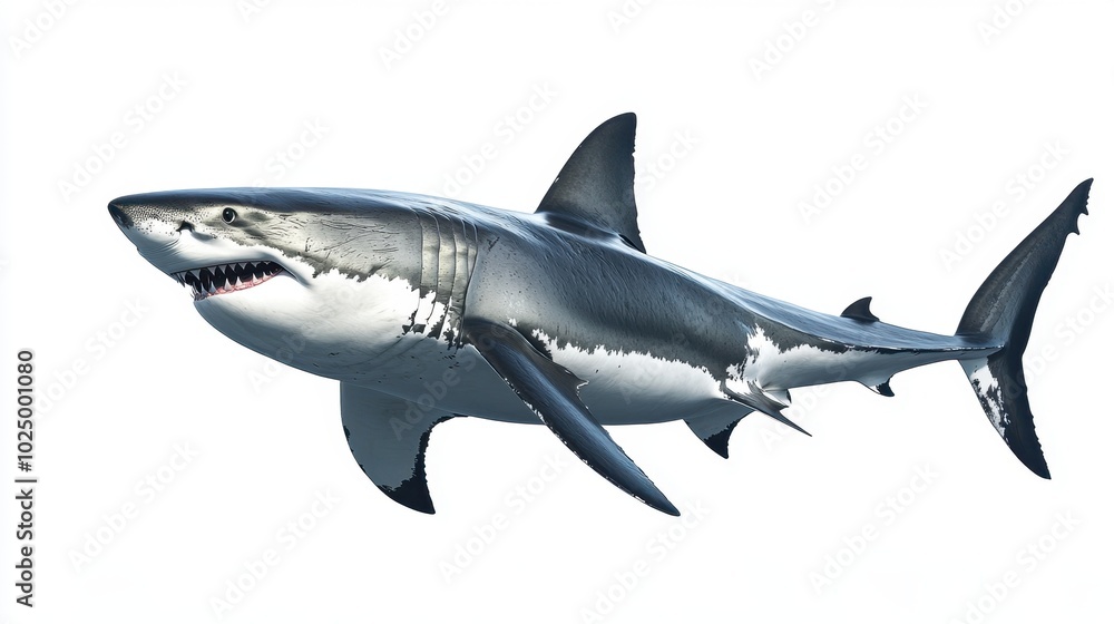 Great white shark in full view, isolated on a white background, capturing its strength and the detail of its powerful form Great white shark in full view, isolated on a white background, capturing its strength and the detail of its powerful form
