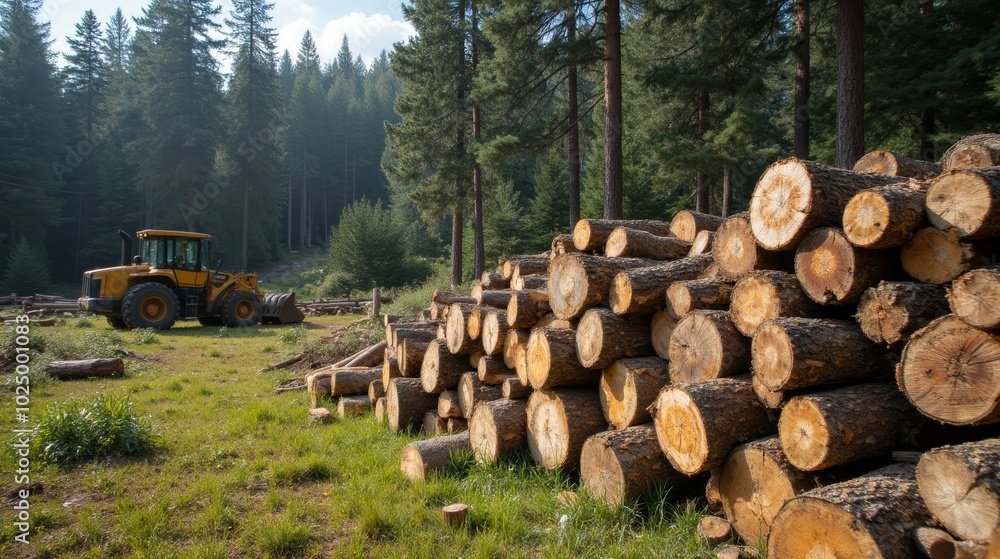 A yellow forestry machine in action near stacked logs in a dense pine forest, representing logging and timber processing activities. A yellow forestry machine in action near stacked logs in a dense pine forest, representing logging and timber processing activities.