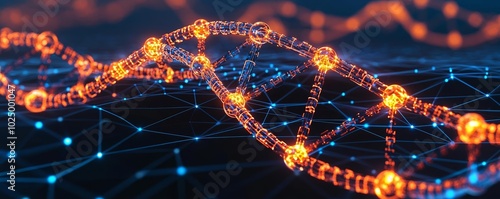 Detailed depiction of glowing DNA helix with digital nodes, symbolizing innovation in medical technology and data analysis photo