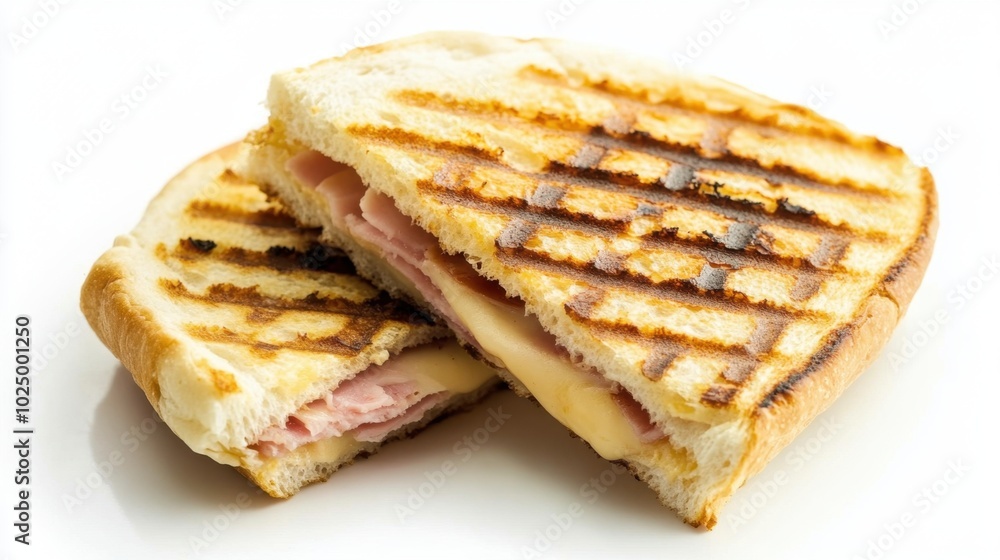 Grilled cheese and ham panini, sliced in half with golden grill marks, isolated on a white background for a mouth-watering view Grilled cheese and ham panini, sliced in half with golden grill marks, isolated on a white background for a mouth-watering view